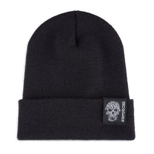 Front of the Grundens Bait Ball Beanie, with graphic patch on the rolled cuff, against a white background. 