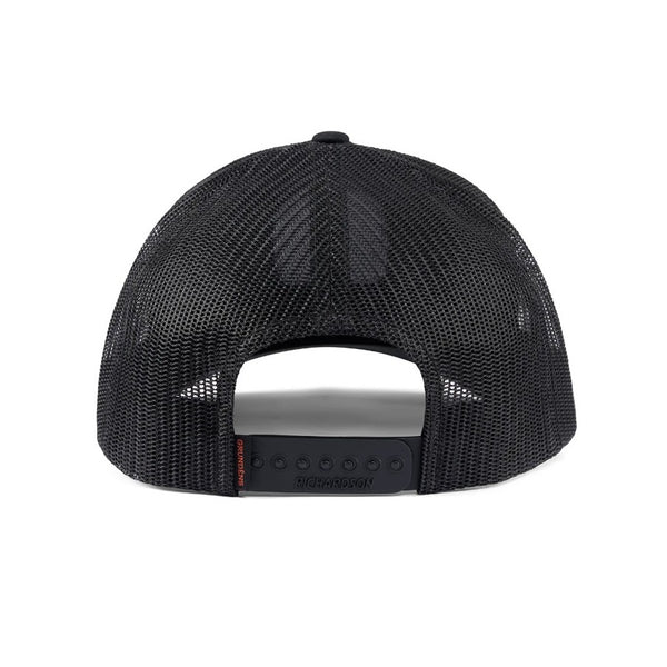 Black mesh back of Grundens Bear Essentials Trucker Hat on a white background.