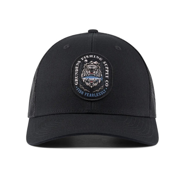 Front of the Grundens Bear Essentials Trucker Hat on a white background.