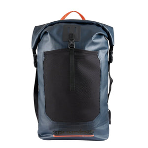 A dark navy blue Grundéns Bootlegger Roll Top backpack on a white background.