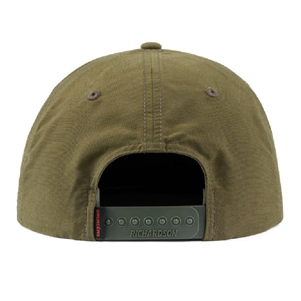 Loden green Grundens Deadstick Rope Trucker Hat shown from the back, on a white background.