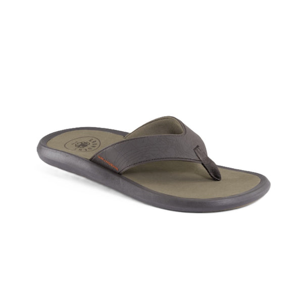 A dark brown Grundens Men's All Waters Sandals seen from the side, against a white background.