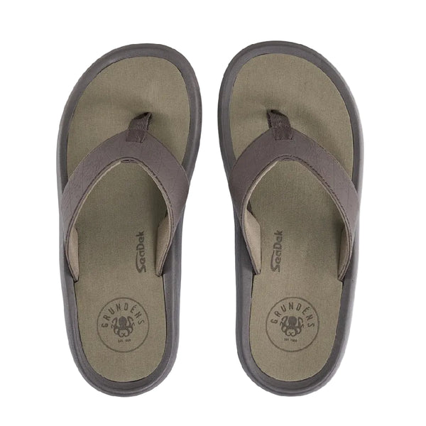 A pair of dark brown Grundens Men's All Waters Sandals seen from above, against a white background.