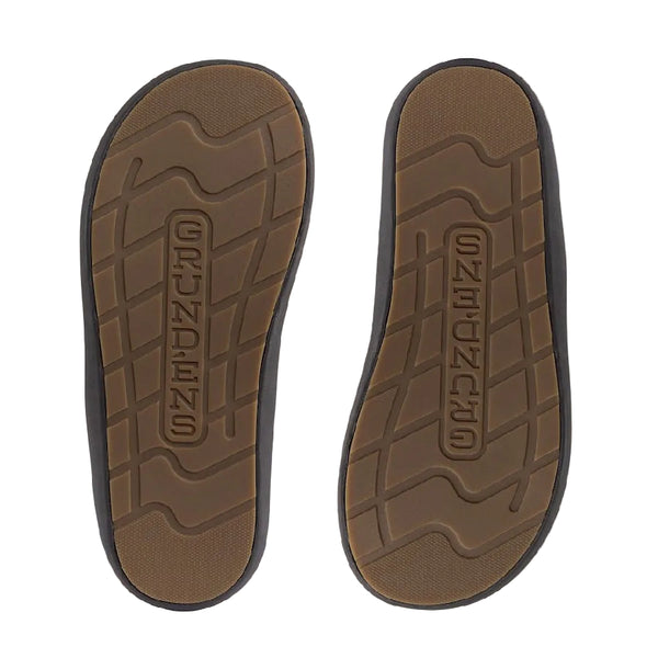 Two dark brown Grundens Men's All Waters Sandals seen from underneath, against a white background