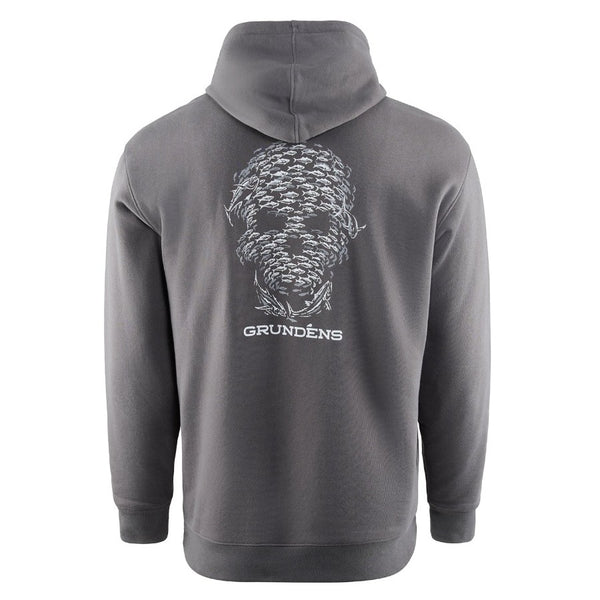 Back of the Grundens Men's Bait Ball Hoody in anchor grey, with the bait ball graphic in the center and on a white background.