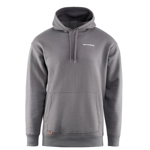 Front of the Grundens Men's Bait Ball Hoody in anchor grey, with the Grundens text logo at right chest, and on a white background.