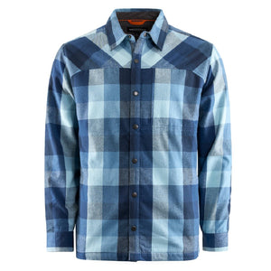 Front of the Grundens Men's Bankside Fleece Line Shacket in blue Ocean Plaid, against a white background.