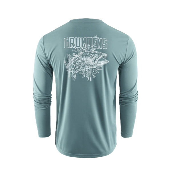 Urchin green Grundens Men's Cuda Long Sleeved Tech T-Shirt with a barracuda graphic and branding on the back against a white background.