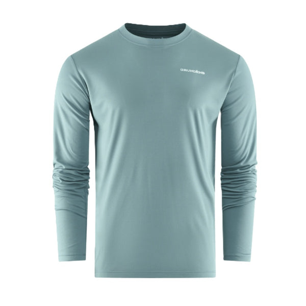 Urchin green Grundens Men's Cuda Long Sleeved Tech T-Shirt with branding on the front against a white background.