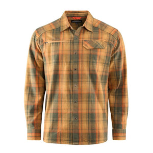Grundens Men's Dispatch Flannel Oak Plaid shirt with orange and green pattern on a white background.
