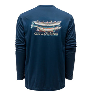 Back of the Grundens Men's Drift Boat Long Sleeved Tech Tee in blue abyss, with the drift boat graphic in the center and on a white background.