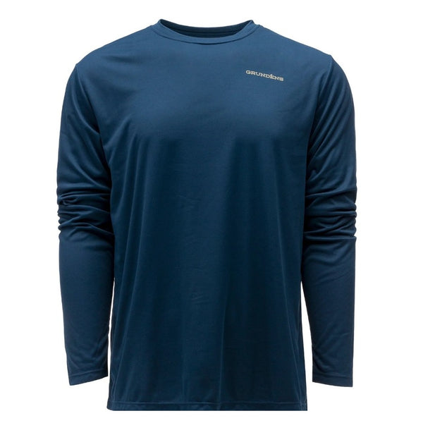 Front of the Grundens Men's Drift Boat Long Sleeved Tech Tee in blue abyss, with the grundens text logo on the left chest and on a white background.