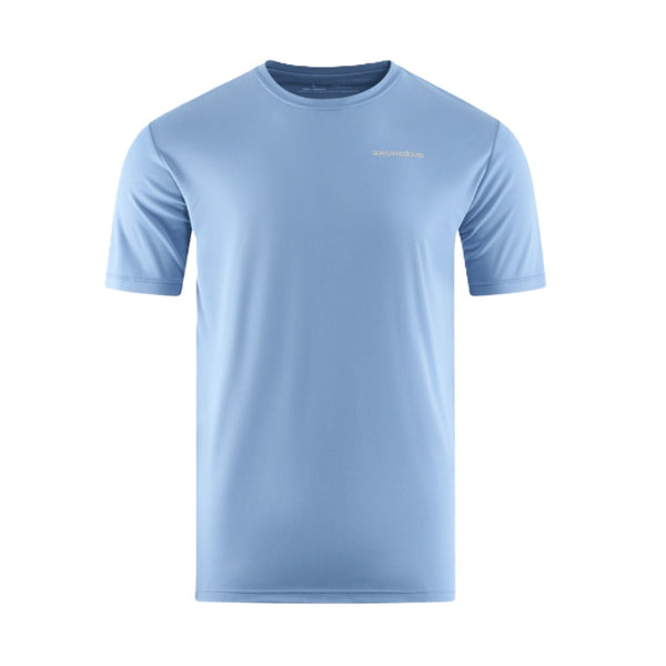 Light blue Grundens Men's Drift Boat Short Sleeved Tech T-Shirt with branding on the front left of chest against a white background.