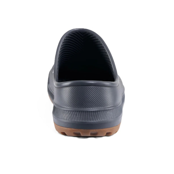 Back view of a single anchor grey Grundens Men's Fish-On Slip-On shoe on a white background.