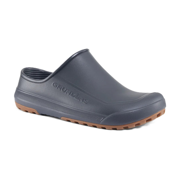 Side view of an anchor grey Grundens Men's Fish-On Slip-On shoe on a white background.