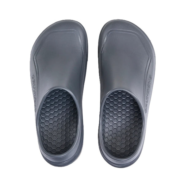 Overhead view of a pair of anchor grey Grundens Men's Fish-On Slip-On shoe on a white background.