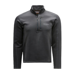 Front of the long sleeved black Grundens Men's Grundies Thermal 1/4 Zip Top showing the zip neck and front zipper pocket on a white background.