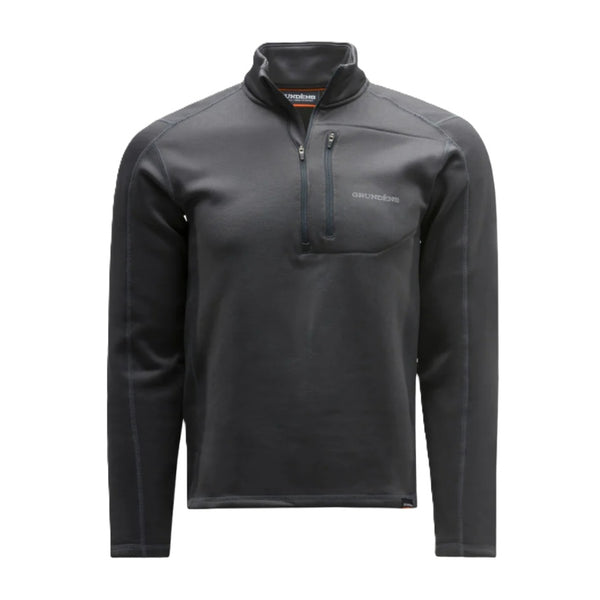 Front of the long sleeved black Grundens Men's Grundies Thermal 1/4 Zip Top showing the zip neck and front zipper pocket on a white background.