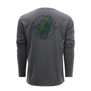 Grey Grundéns Men's Kraken Long Sleeved UPF Tech Tee with a green octopus design on the back, on a white background.