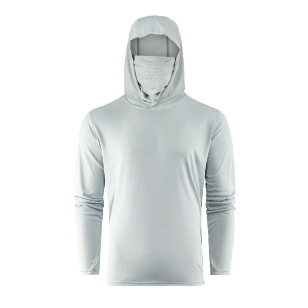 The UPF-50+ iceberg color Grundéns Men's Tough Sun Masked Hoody showing the built in face covering and hood, on a white background.