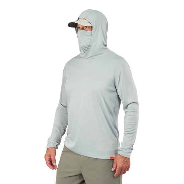 Person wearing khakis and the UPF-50+ iceberg color Grundéns Men's Tough Sun Masked Hoody showing the built in face covering and hood, on a white background.