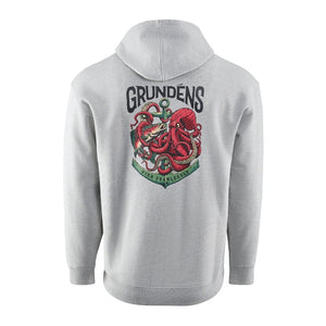 Grey Grundens Men's Octo-Trout Displacement DWR Hoody with an octopus graphic on a white background
