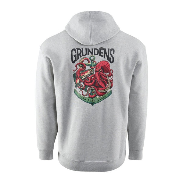 Grey Grundens Men's Octo-Trout Displacement DWR Hoody with an octopus graphic on a white background