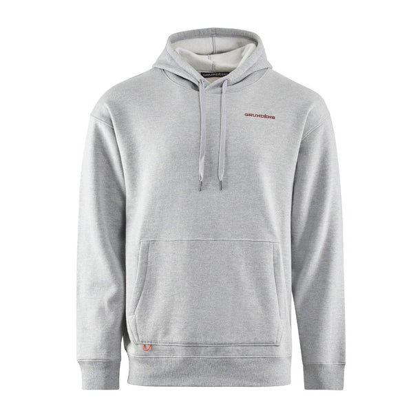 Grey Grundens Men's Octo-Trout Displacement DWR Hoody with a brand logo on a white background.