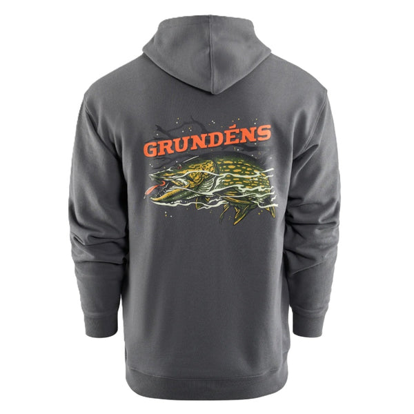 Back of the Grundens Men's Pike Strike Hoody in anchor grey, with a large orange brand logo and Northern pike graphic on the center of the back, against a white background.