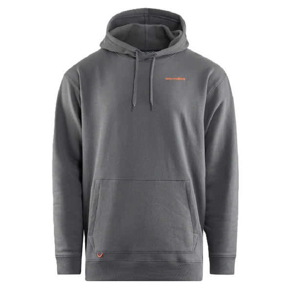 Front of the Grundens Men's Pike Strike Hoody in anchor grey, with a small orange brand logo on the left chest, against a white background.