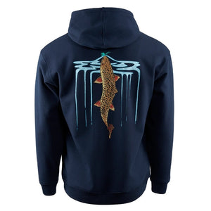Navy blue Grundéns Men's Riser Hoody with a brown trout graphic on the back against a white background.