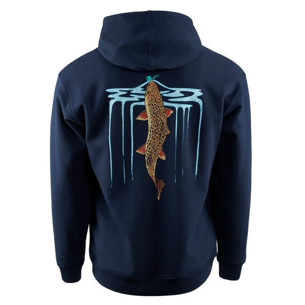 Navy blue Grundéns Men's Riser Hoody with a brown trout graphic on the back against a white background.