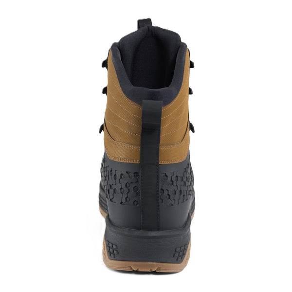 Back view of the black and brown Grundens Men's Rock Armor Wading Boot on a white background.