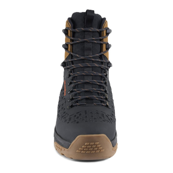 Front view of the black and brown Grundens Men's Rock Armor Wading Boot on a white background.