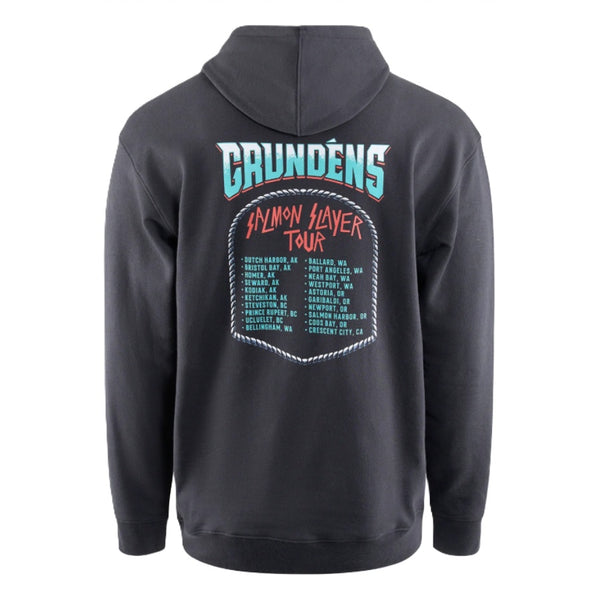 A black color Grundens Men's Slayer HS Hoody with salmon tour graphic on the back, on a white background.