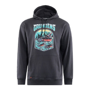 A black color Grundens Men's Slayer HS Hoody with salmon graphic on the front, on a white background.