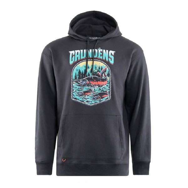 A black color Grundens Men's Slayer HS Hoody with salmon graphic on the front, on a white background.