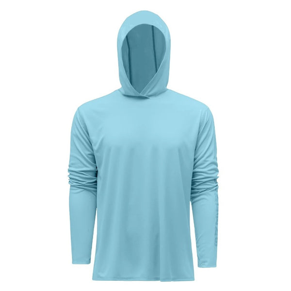 Light blue Grundéns Men's Tough Sun UPF Hoody on a white background.