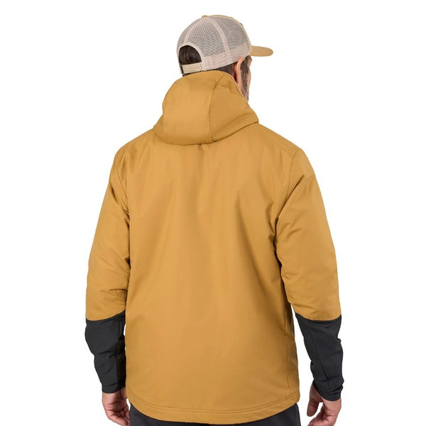 Person wearing the whiskey color Grundéns Men's Turbulence Hybrid Hoody with black sleeves on a white background.