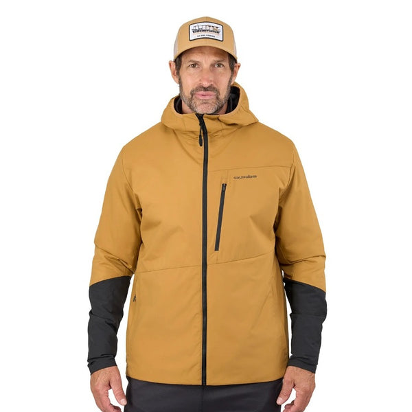 Person wearing the whiskey color Grundéns Men's Turbulence Hybrid Hoody with black sleeves on a white background.
