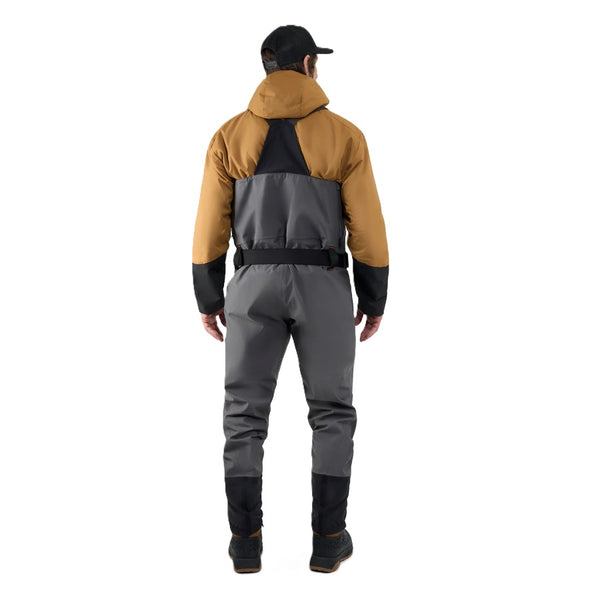 Back view of a person wearing a brown jacket under the Grundéns Men's Vector Zip-Front Stockingfoot Waders, against a white background.