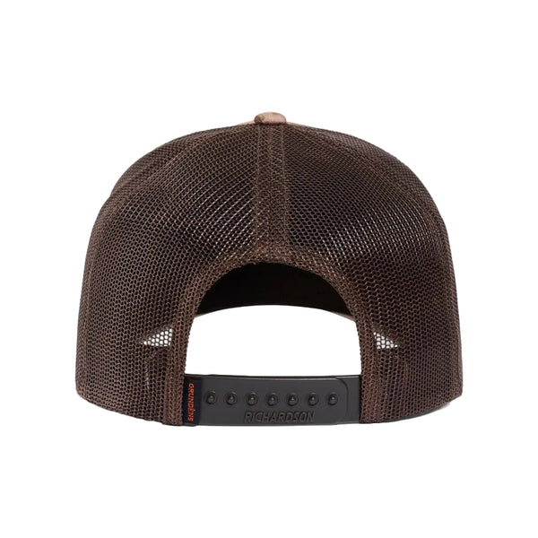 Brown mesh back for the Grundens Redfish Trucker Hat, on a white background.