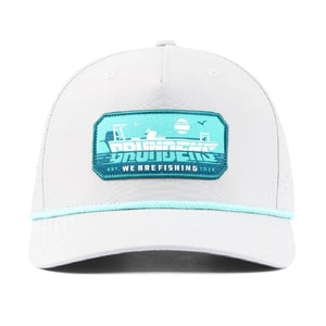 Grundens Skiffscript Vented Hat with teal front logo patch on a whte background.