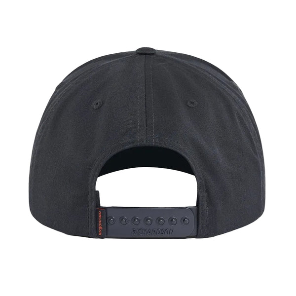 Back of the Grundéns Ursa Major Solid Twill Trucker Hat in black, showing the snap adjustment, on a white background.