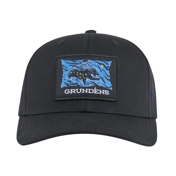 The Grundéns Ursa Major Solid Twill Trucker Hat featuring a custom Big Dipper and bear graphic patch on the front, on a white background.