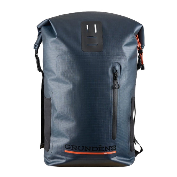 A dark navy blue Grundéns Wayward Roll Top Backpack on a white background.