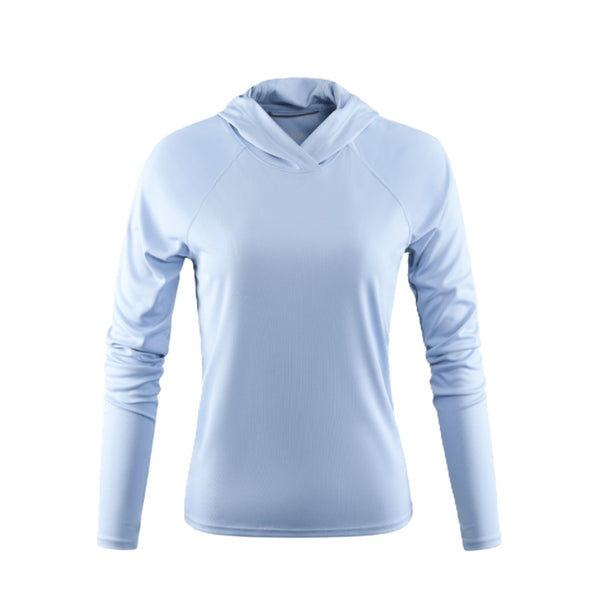Light zephyr blue Grundens Women's Tough Sun UPF Hoody against a white background.
