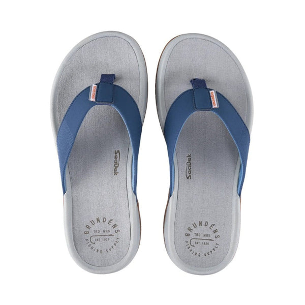 A top view of a pair of the Grundens Men's Fishfinder Sandal in blue abyss, on a white background.