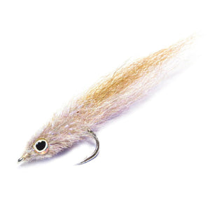 A single Just Add H2O 3D Finger Mullet saltwater flats fly in anchovy colors, on a white background.