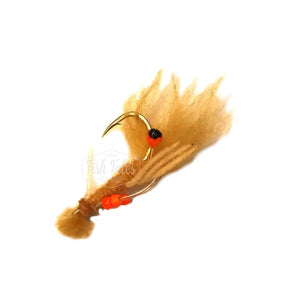 A single Just Add H2O James' Sand Prawn saltwater flats fly in camel, on a white background.